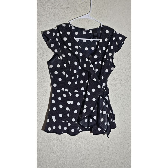 Axcess Black Polka Dot Wrap Blouse Ruffle Sz M Flirty Whimsigoth Tailored‎ Fit - Picture 1 of 15